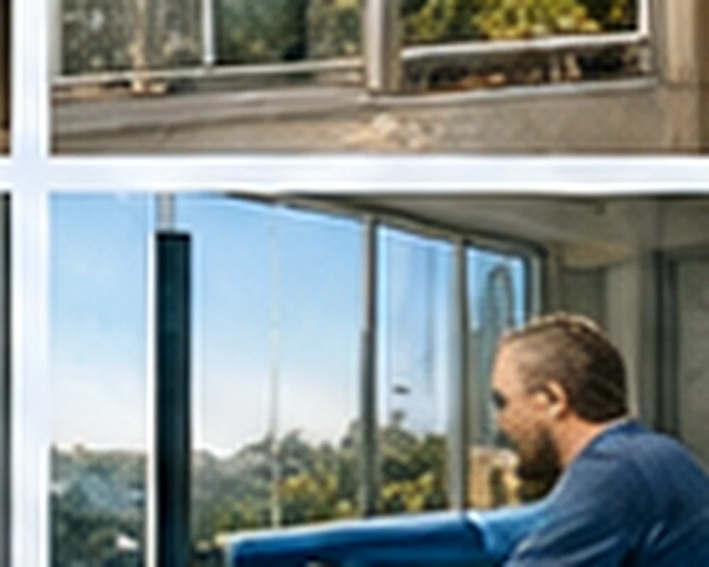 A window cleaner working carefully on a large pane